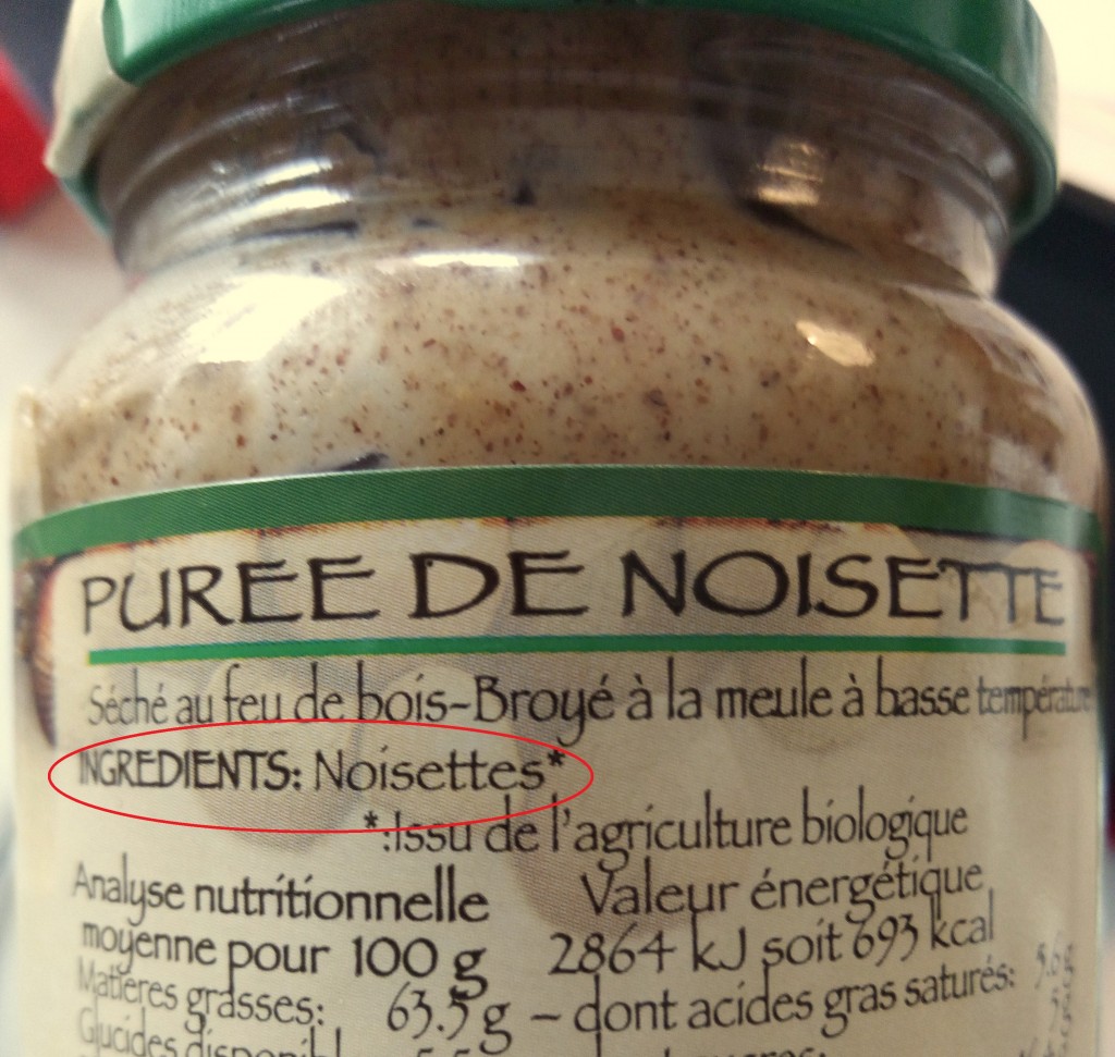 Ingrédients purée de noisettes